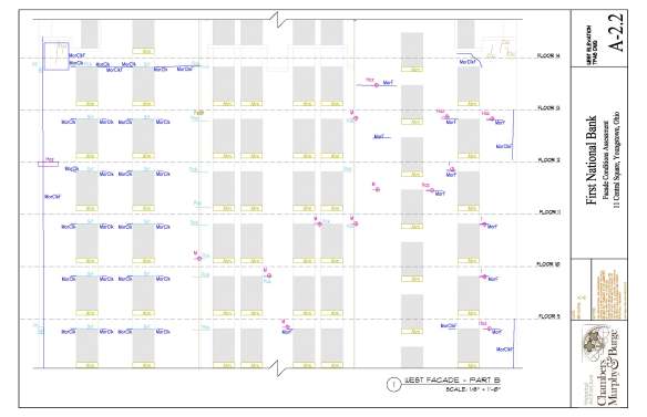 Annotated elevation drawing showing location and extent of conditions